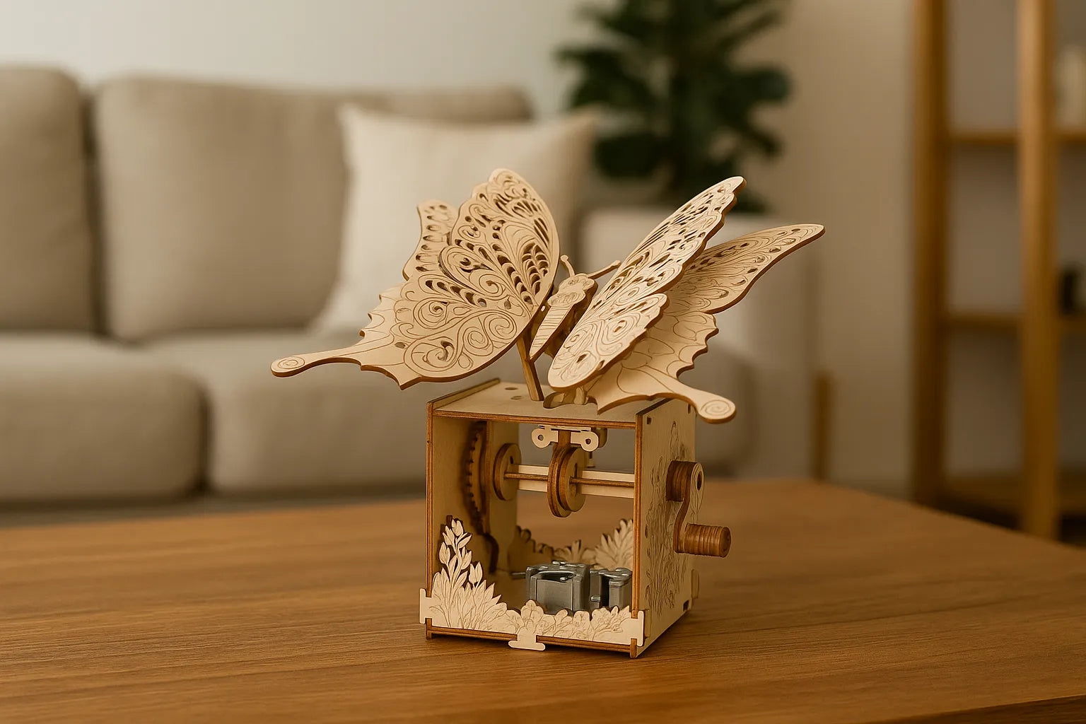 Maquette en bois représentant une boîte à musique mécanique représentant un grand papillon sculpté, posée sur une table dans un salon moderne.