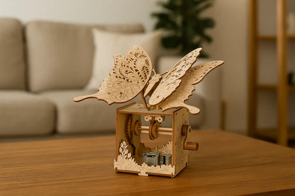 Maquette en bois représentant une boîte à musique mécanique représentant un grand papillon sculpté, posée sur une table dans un salon moderne.