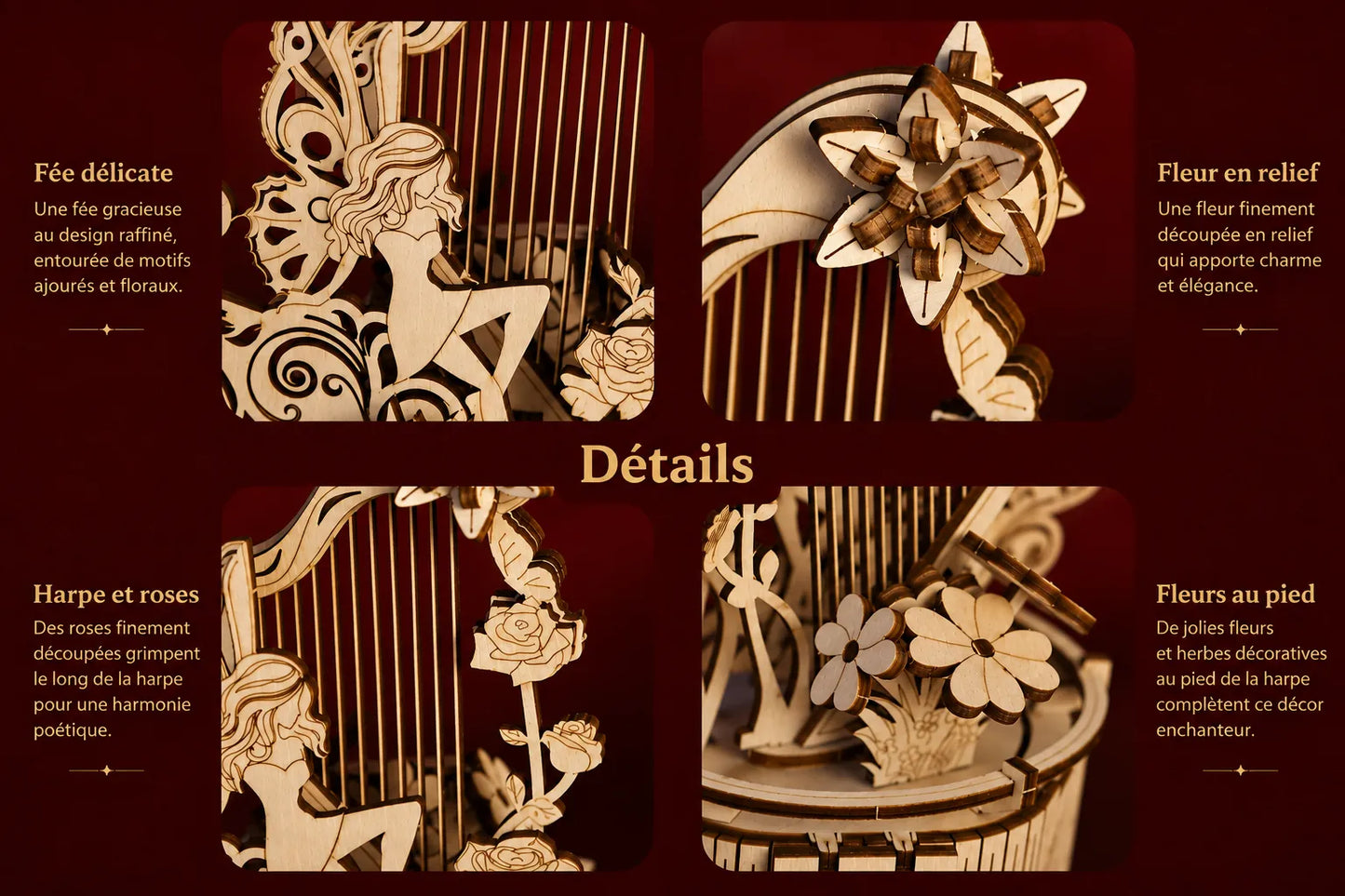 Maquette en bois - Boite à musique fée et sa harpe