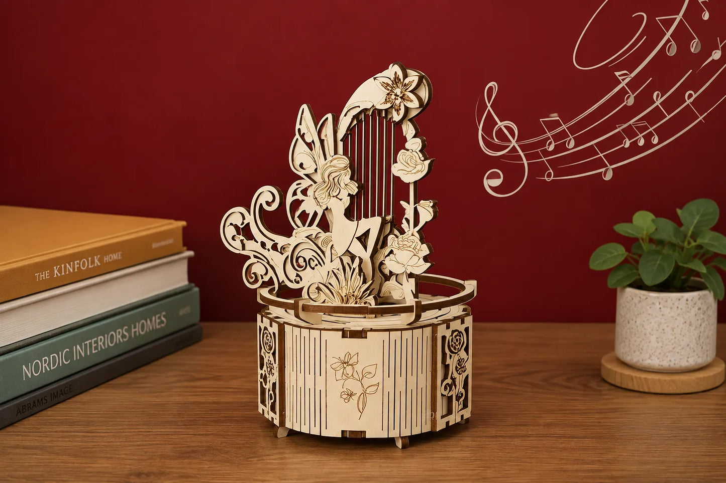 Maquette en bois - Boite à musique fée et sa harpe