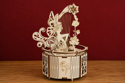 Maquette en bois - Boite à musique fée et sa harpe