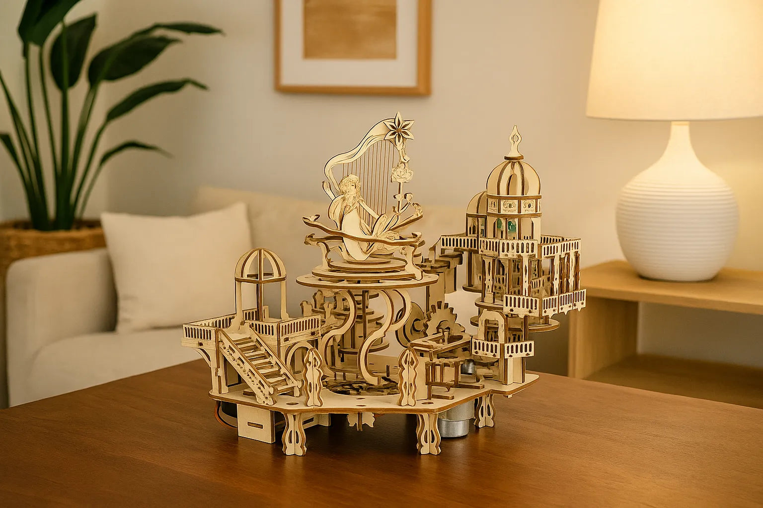 Maquette en bois de boîte à musique « Le jardin magique », représentant une sirène jouant de la harpe au centre d’un décor architectural féerique, exposée dans un salon lumineux.