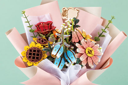 Maquette en bois - Bouquet cadeau de fleurs variées