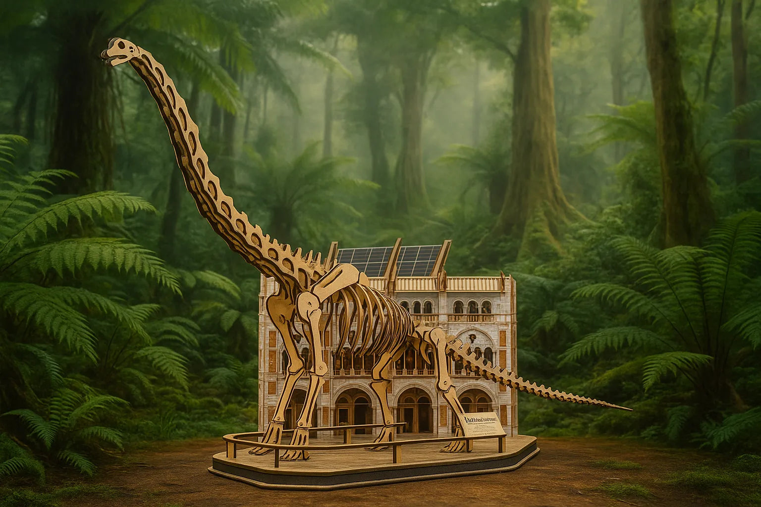 Maquette en bois d’un brachiosaure grandeur miniature présentée dans un décor naturel de forêt, devant une maquette de musée.