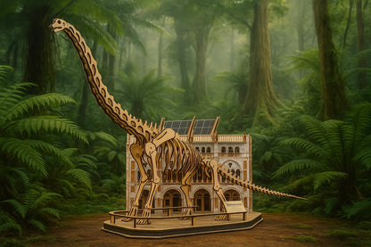 Maquette en bois d’un brachiosaure grandeur miniature présentée dans un décor naturel de forêt, devant une maquette de musée.