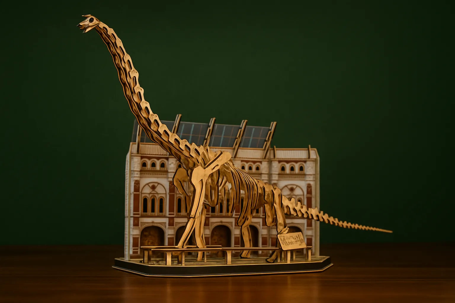 Maquette en bois détaillée d’un brachiosaure exposée devant une maquette de musée, posée sur une table en bois avec un fond vert uni.