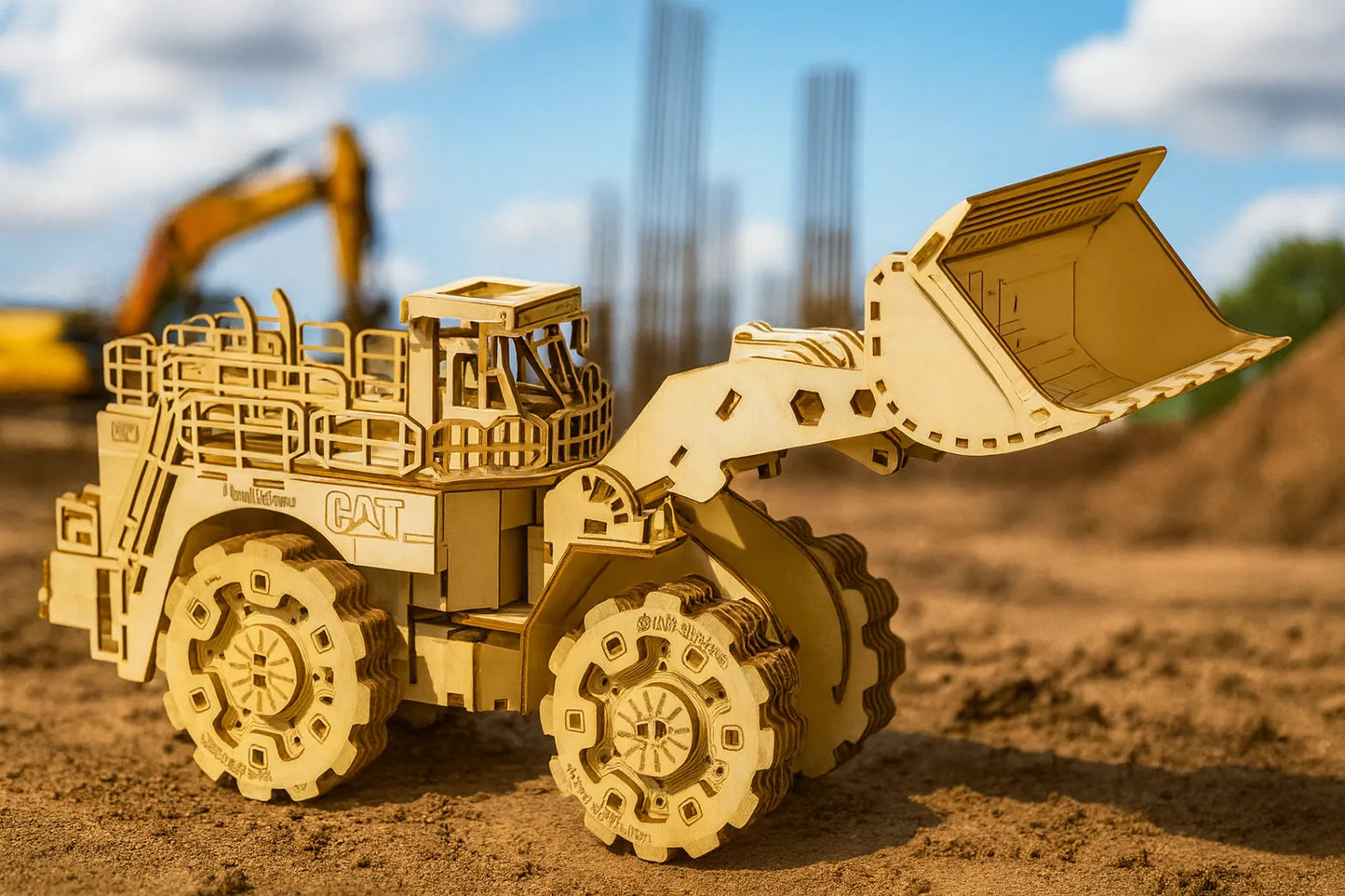 Maquette en bois d’un bulldozer détaillé avec grande pelle avant articulée et pneus crantés, posée sur un chantier de construction sous un ciel bleu.