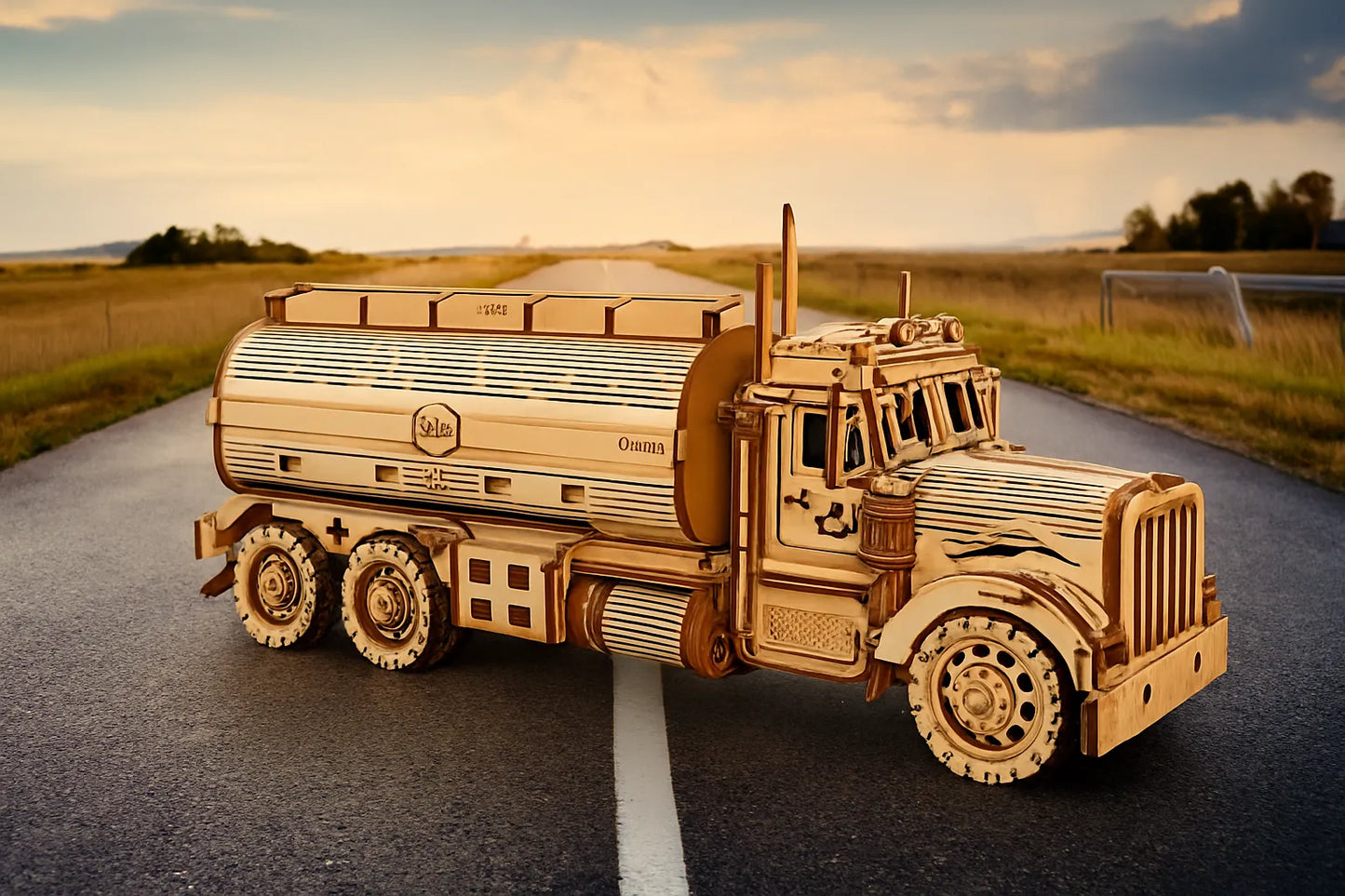 Maquette en bois d’un camion-citerne américain, finement gravée et posée sur une route de campagne au coucher du soleil.