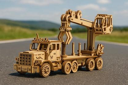 Maquette en bois d’un camion grue articulé posée sur une route ensoleillée.