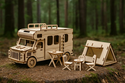 Maquette en bois d’un camping-car accompagnée d’une tente triangulaire et de mobilier de pique-nique, installée sur un sol forestier.