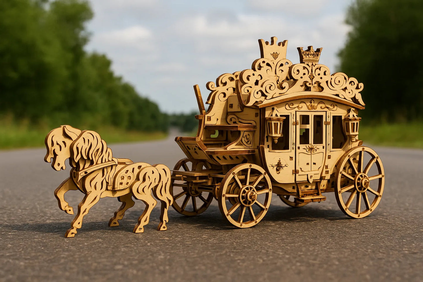Maquette en bois d’un carrosse royal, richement orné et tiré par un cheval, placée sur une route de campagne bordée d’arbres.