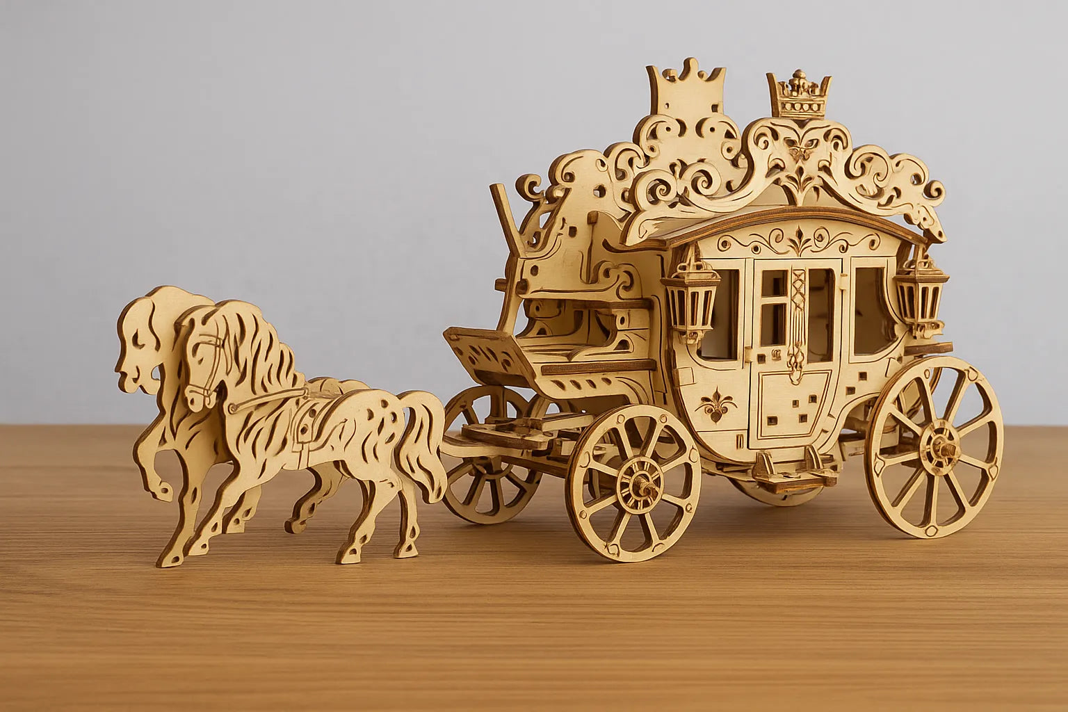 Maquette en bois d’un carrosse royal, richement orné et tiré par un cheval, placée sur une table en bois devant un mur gris clair.