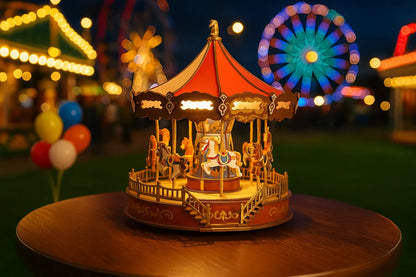 Maquette en bois d’un carrousel coloré avec chevaux posée sur une table en bois devant une fête foraine de nuit.