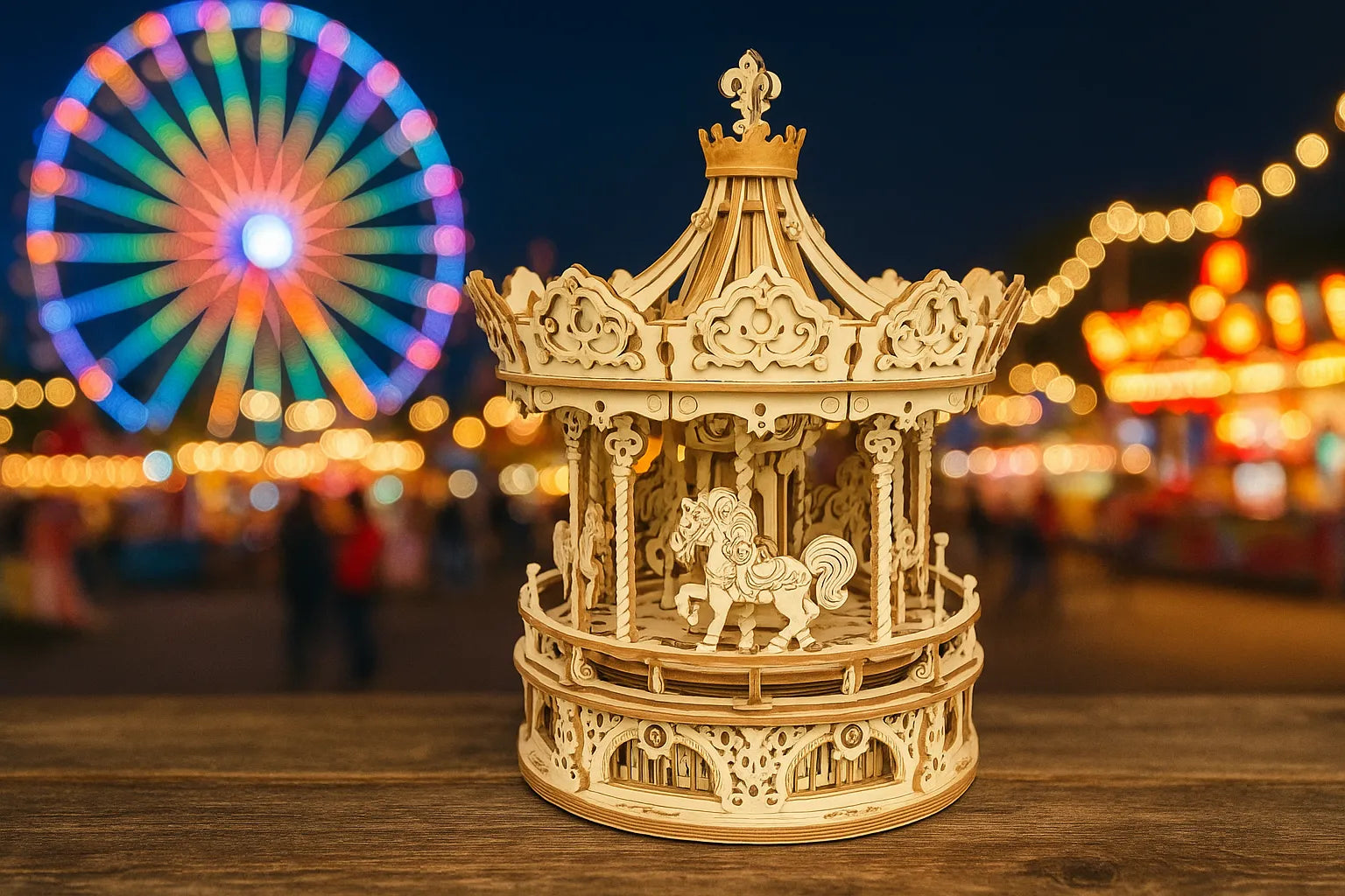Maquette en bois d’un carrousel orné de chevaux posée sur une table en bois avec une grande roue illuminée en arrière-plan.