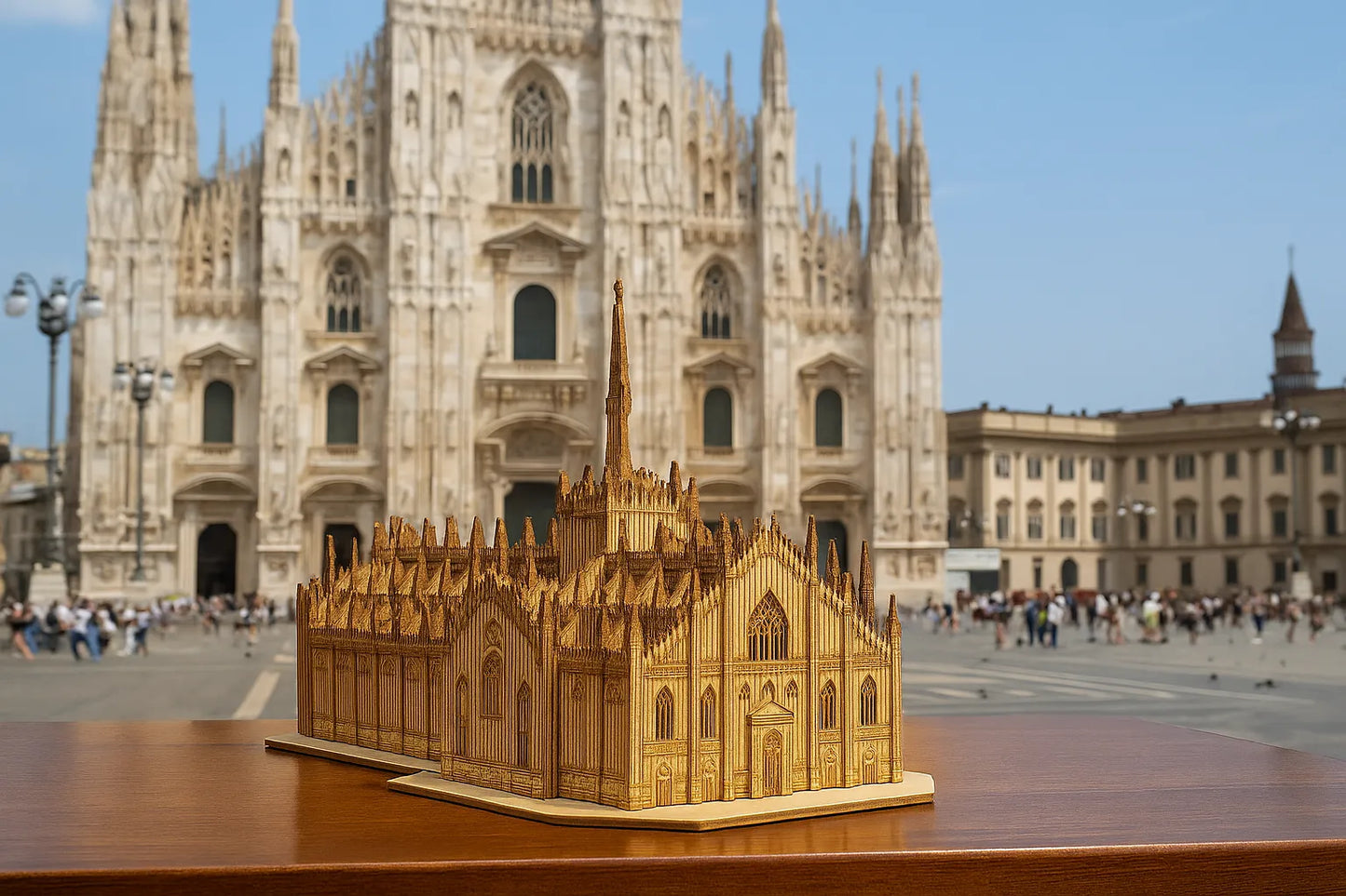 Maquette en bois de la cathédrale de Milan posée sur une table, avec la véritable cathédrale en arrière-plan sur la Piazza del Duomo.