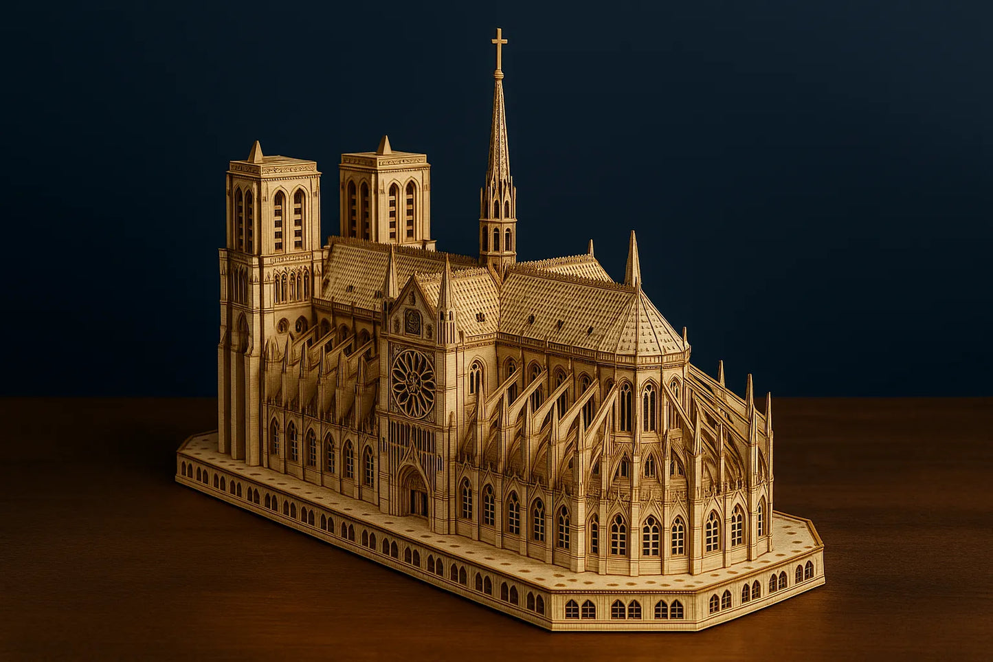 Maquette en bois détaillée de la cathédrale Notre-Dame de Paris, posée sur une table en bois devant un fond bleu foncé.