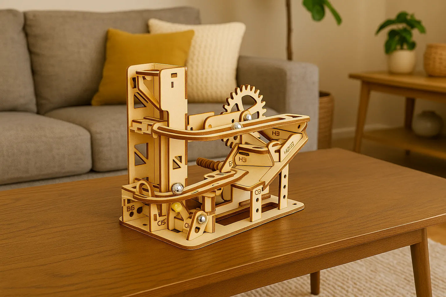Maquette en bois d’un circuit de billes à rampe, équipée de roues dentées et de rails en spirale, posée sur une table dans un salon moderne.