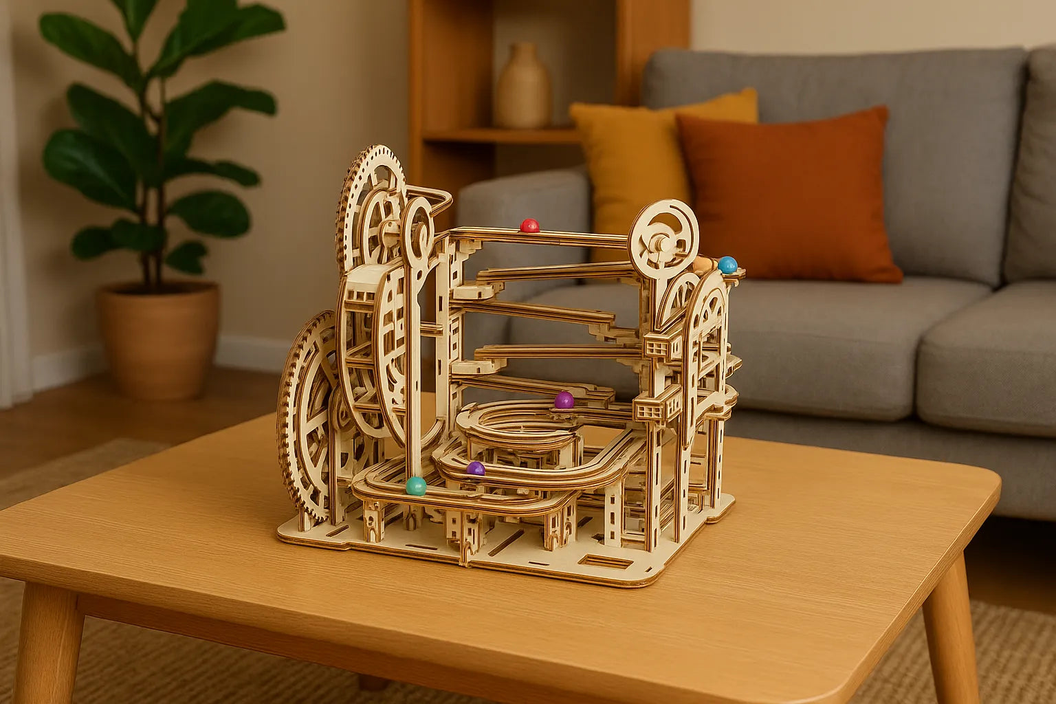 Maquette en bois d’un circuit de billes, formée de multiples rampes et spirales avec des billes multicolores, posée sur une table dans un salon lumineux.