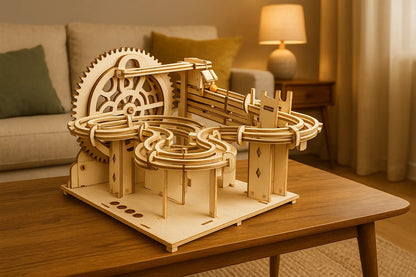 Maquette en bois d’un circuit de billes en zigzag, dotée d’un grand engrenage et de rails courbés, installée sur une table basse devant un canapé.