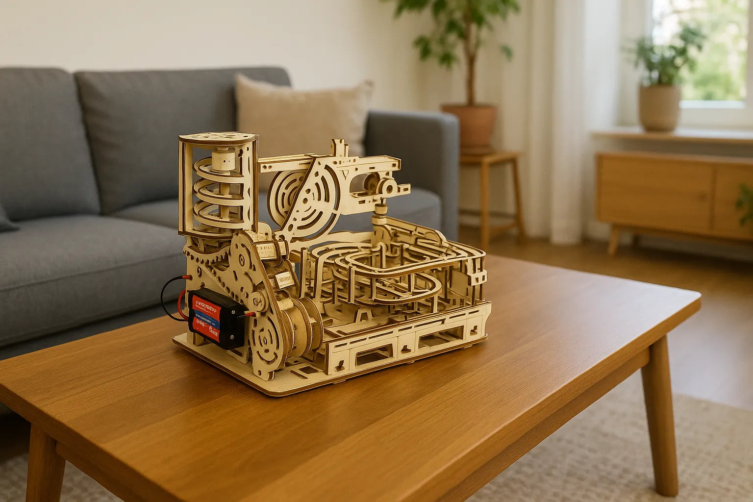Maquette en bois d’un circuit de billes avec de grands engrenages, disposée sur une table en bois dans un intérieur moderne.