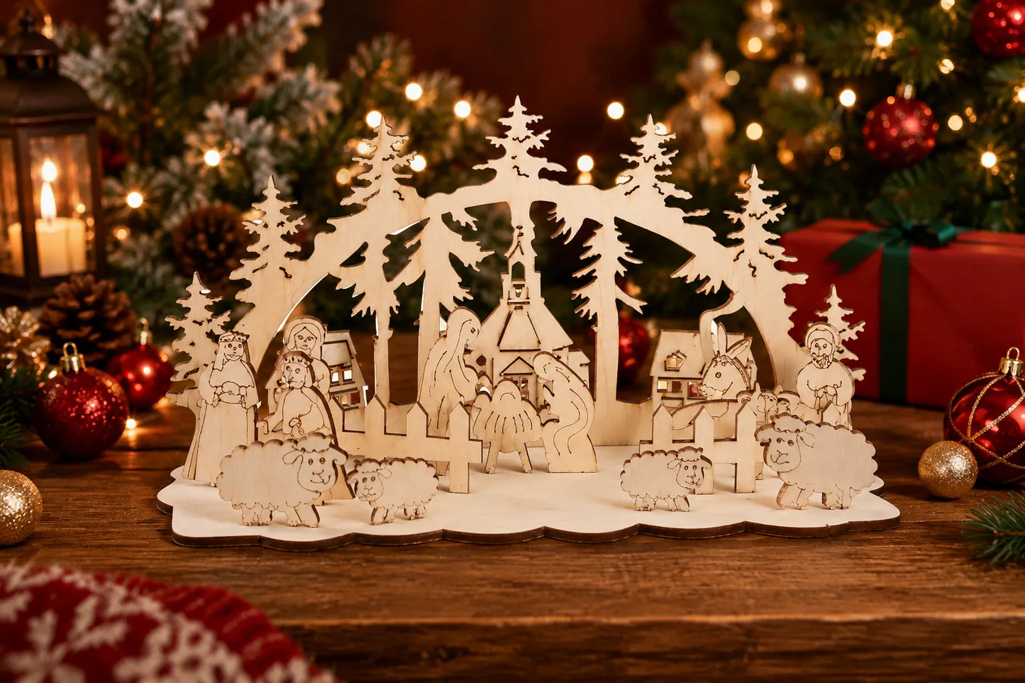 Maquette en bois - Crèche de Noël avec bergers