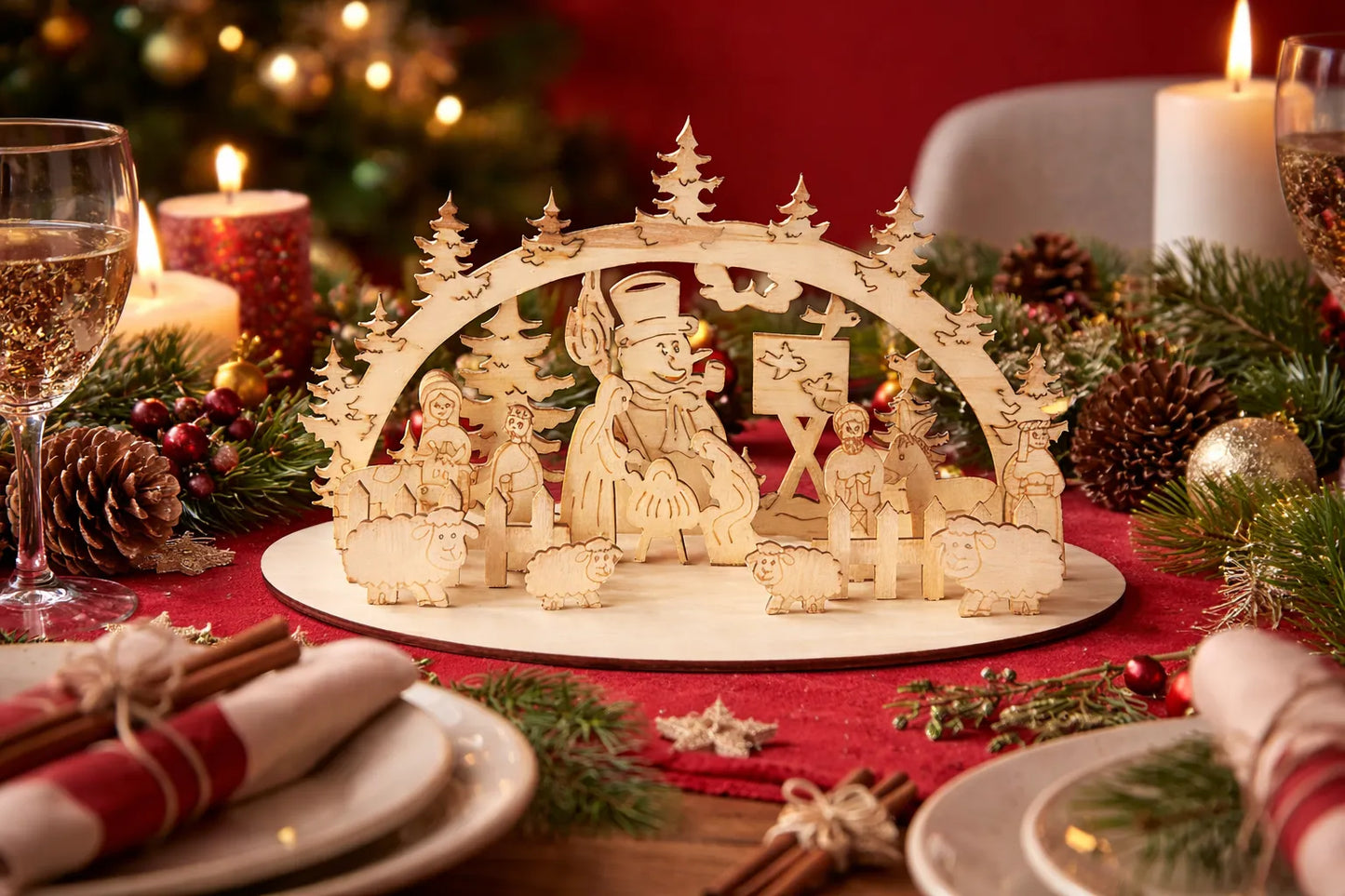 Maquette en bois - Crèche de Noël avec bonhomme de neige