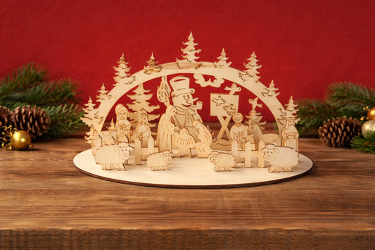 Maquette en bois - Crèche de Noël avec bonhomme de neige