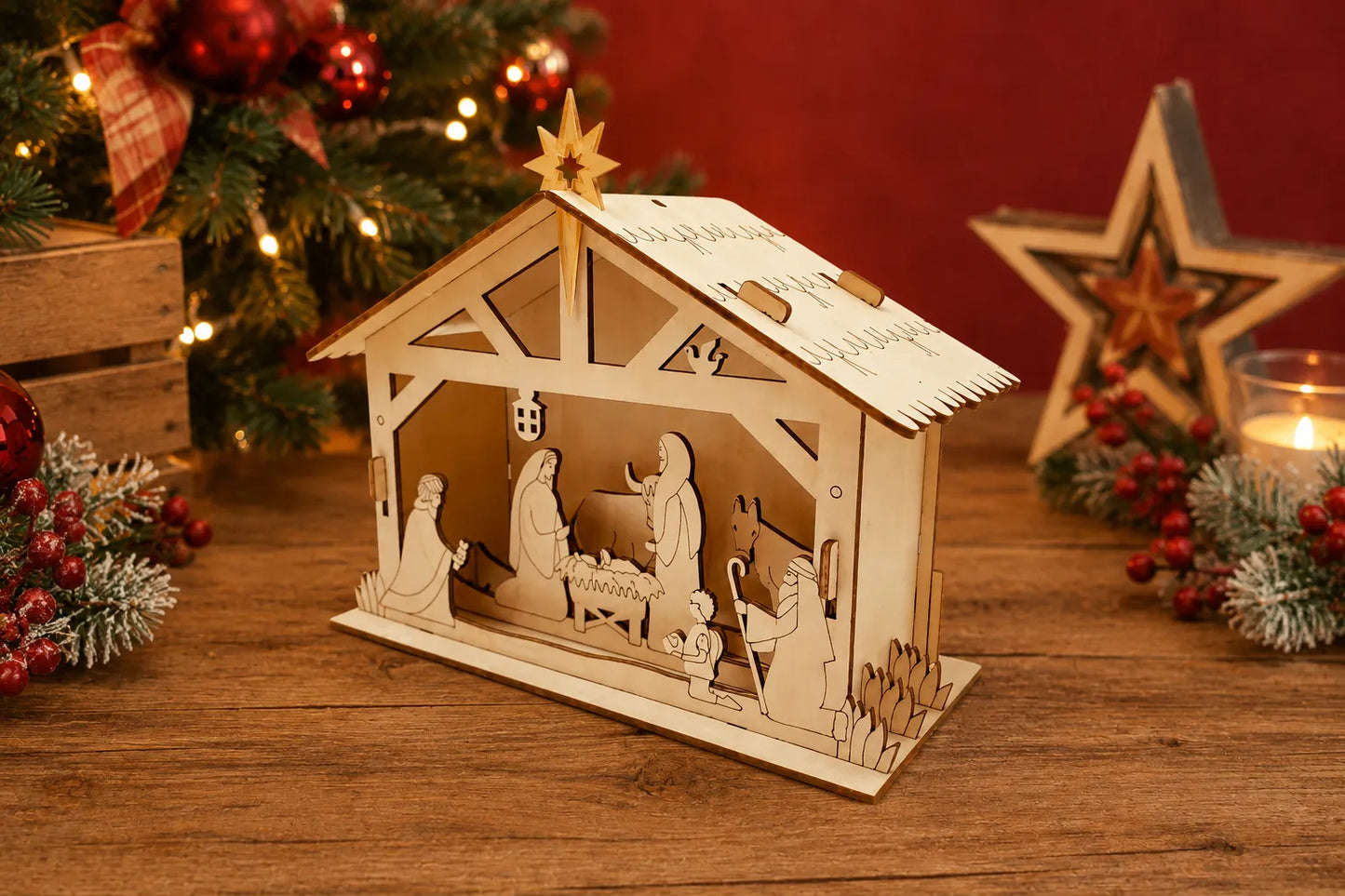 Maquette en bois - Crèche de Noël avec roi mage