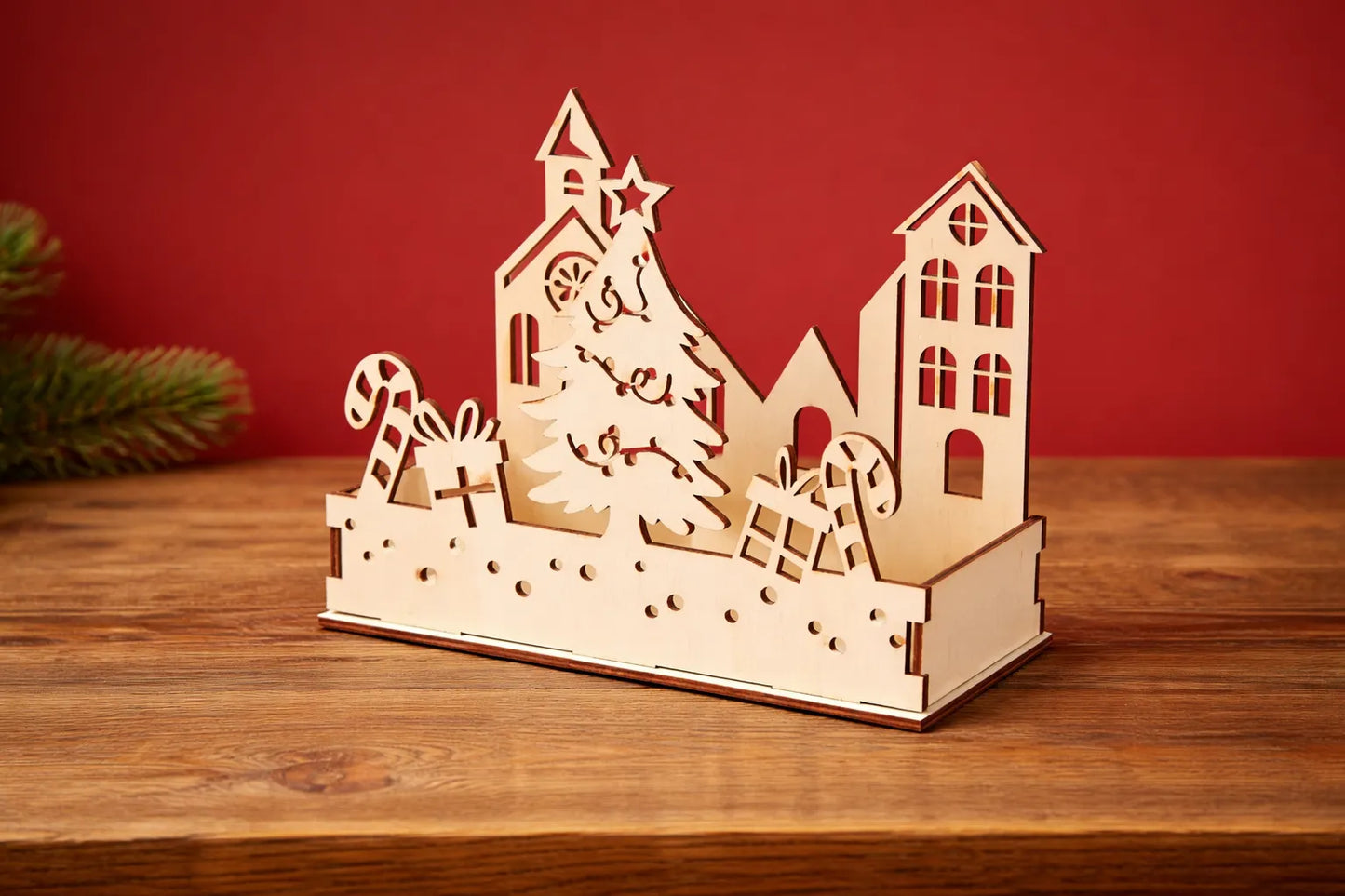 Maquette en bois - Décoration de Noël, bougeoir ville à Noël