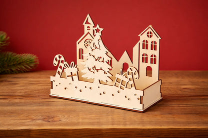 Maquette en bois - Décoration de Noël, bougeoir ville à Noël