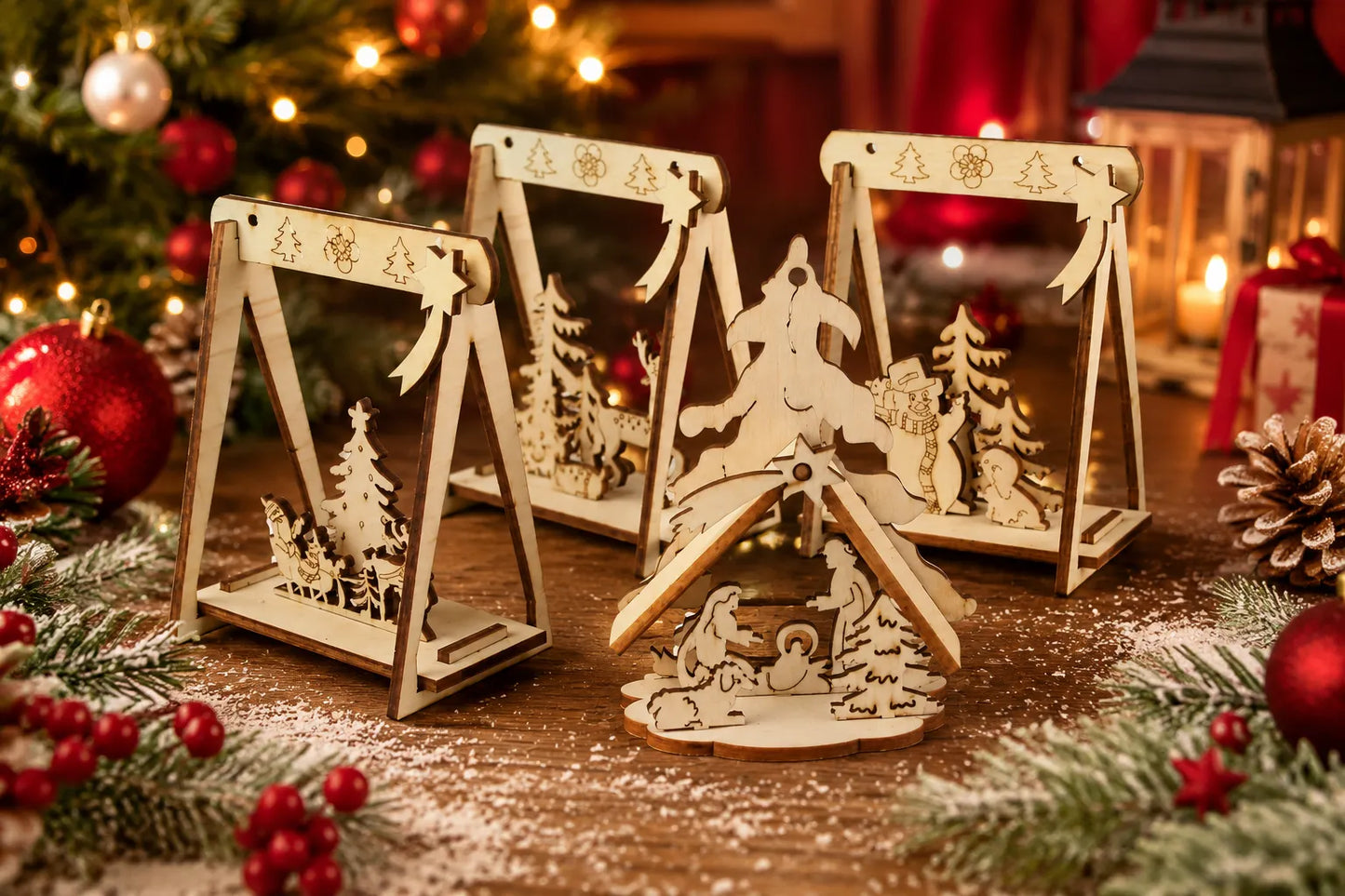 Maquette en bois - Décoration de Noël crèche, rennes, Père Noël et bonhomme de neige