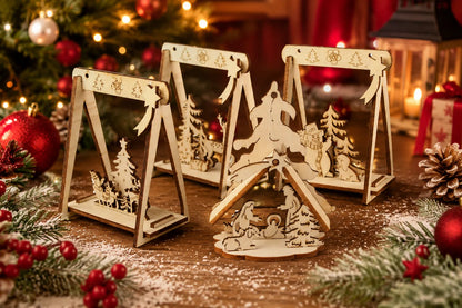 Maquette en bois - Décoration de Noël crèche, rennes, Père Noël et bonhomme de neige