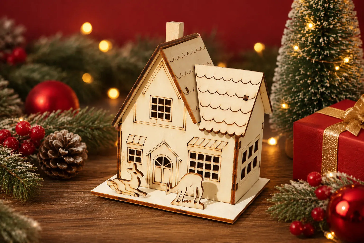 Maquette en bois - Décoration de Noël maison avec rennes