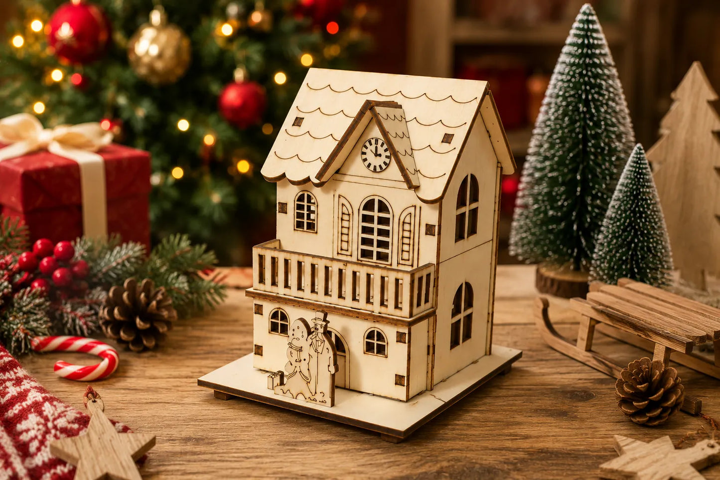 Maquette en bois - Décoration de Noël maison et famille