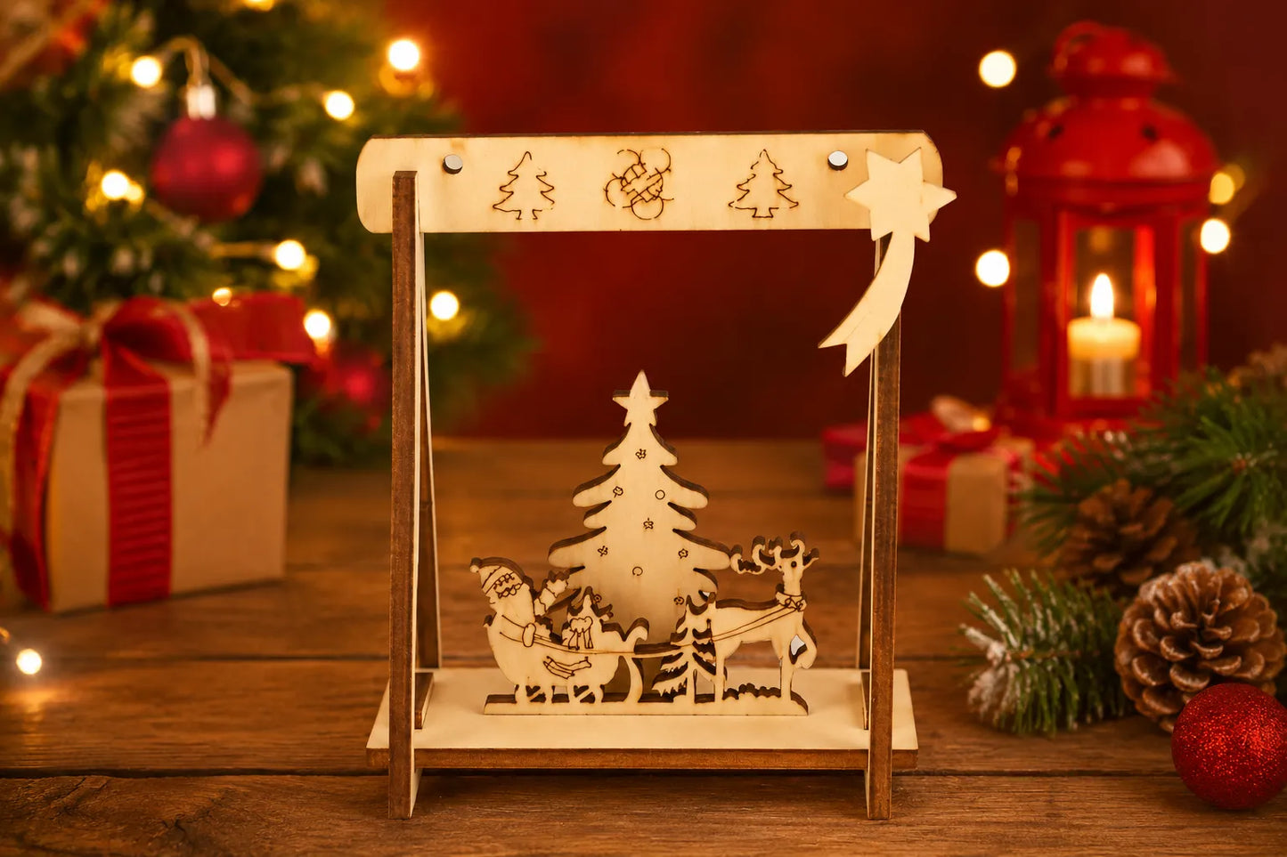 Maquette en bois - Décoration de Noël traîneau du Père Noël x4