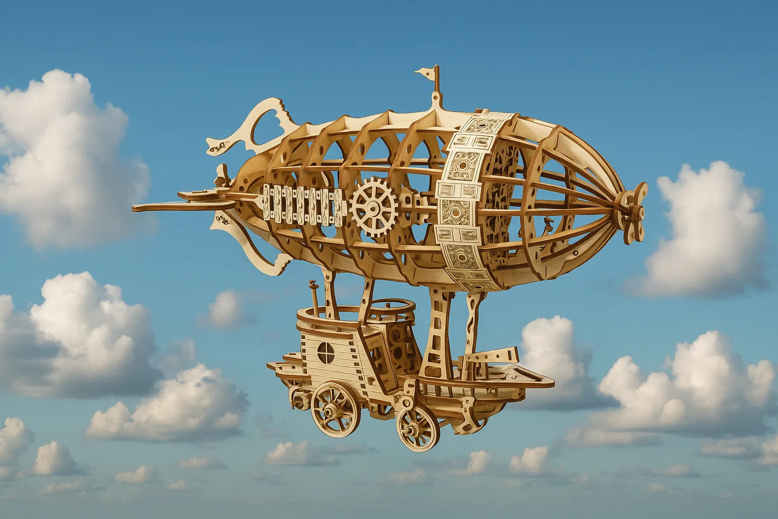 Maquette en bois d’un dirigeable steampunk ajouré, composée d’engrenages et de structures mécaniques, flottant dans un ciel bleu ponctué de nuages.