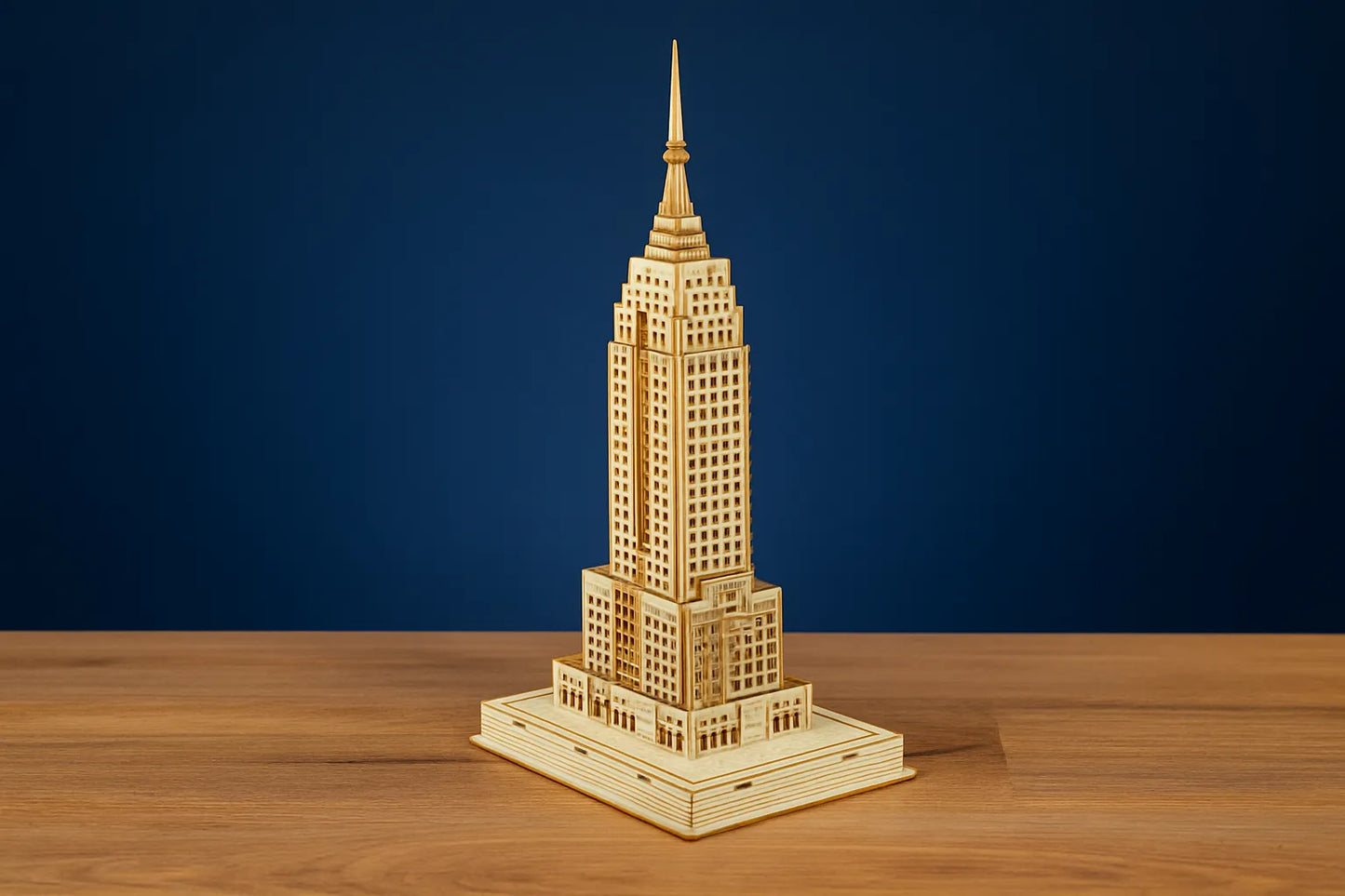 Maquette en bois de l’Empire State Building posée sur une table en bois devant un fond bleu uni.