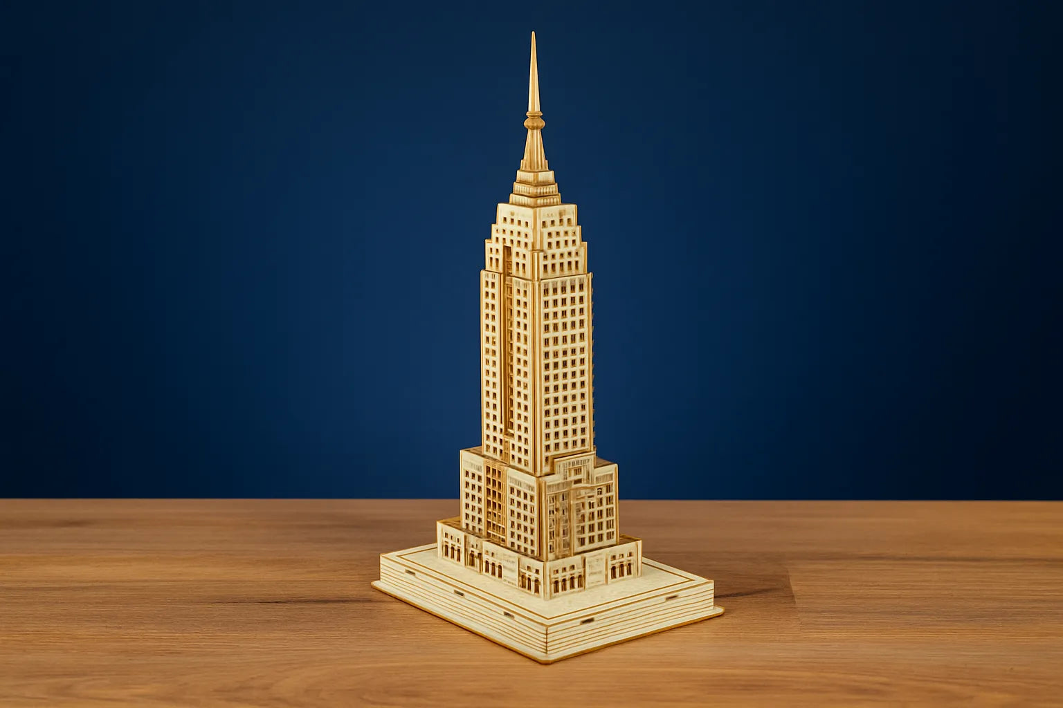 Maquette en bois de l’Empire State Building posée sur une table en bois devant un fond bleu uni.
