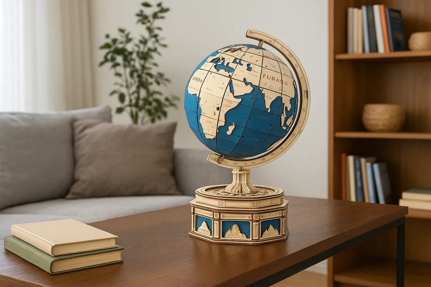 Maquette en bois d’un globe terrestre coloré bleu et beige posée sur une table en bois dans un salon avec canapé et étagères.