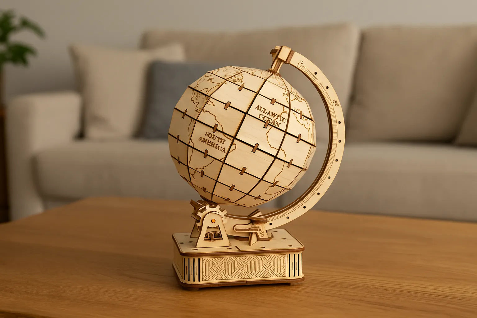 Maquette en bois d’un globe terrestre naturel clair posée sur une table en bois devant un canapé.