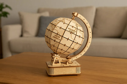 Maquette en bois d’un globe terrestre naturel clair posée sur une table en bois devant un canapé.