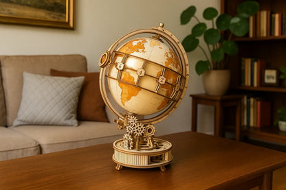 Maquette en bois d’un globe terrestre mécanique beige et doré posée sur une table en bois dans un salon.