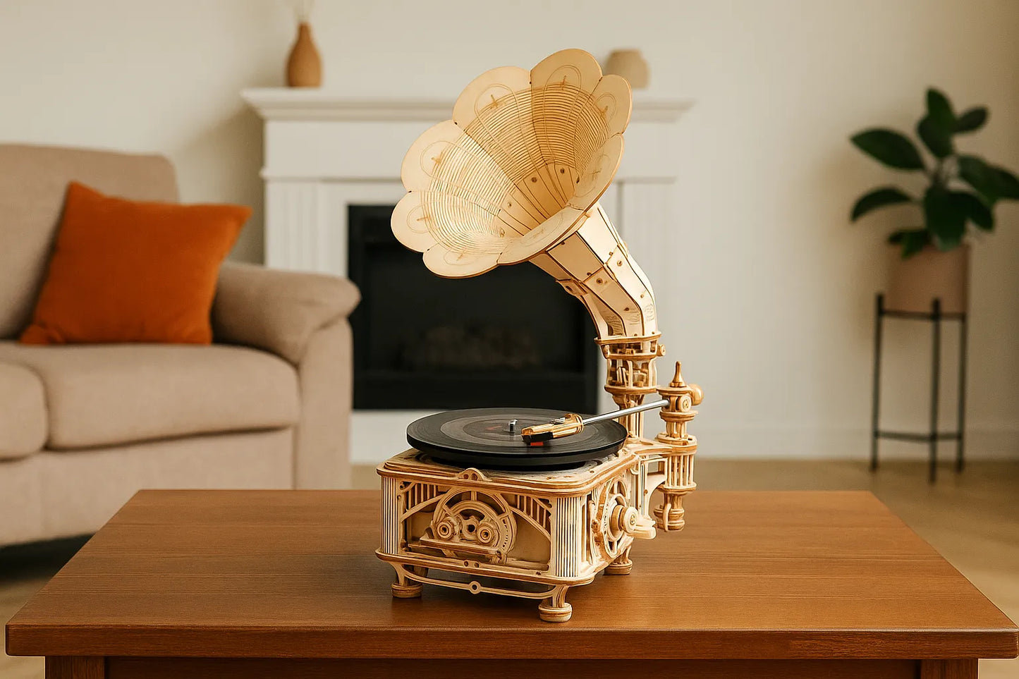 Maquette en bois d'un gramophone posée sur une table en bois dans un salon avec un canapé, une cheminée et une plante en arrière-plan.