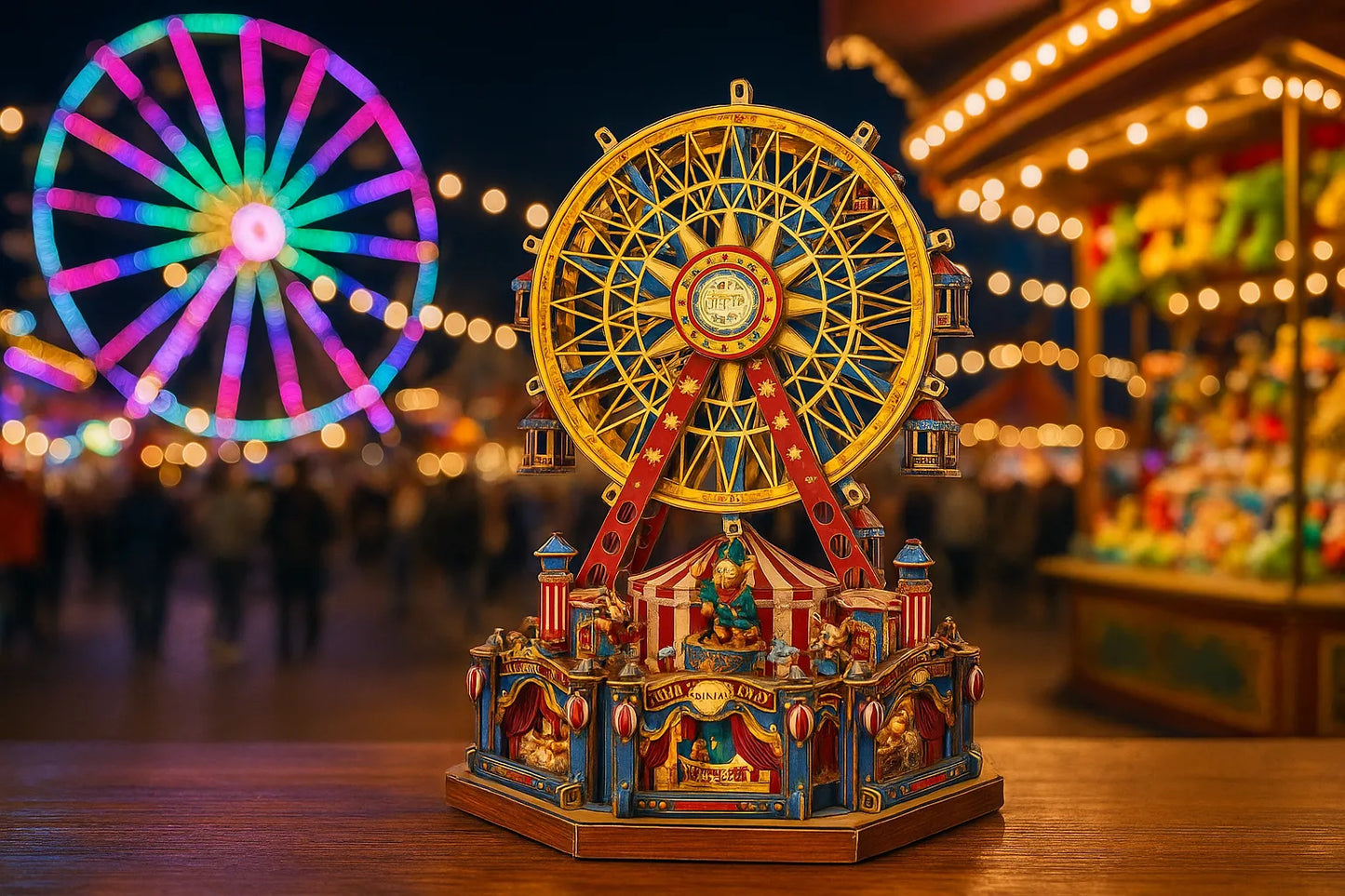Maquette en bois d’une grande roue colorée posée sur une table en bois avec une fête foraine illuminée en arrière-plan.