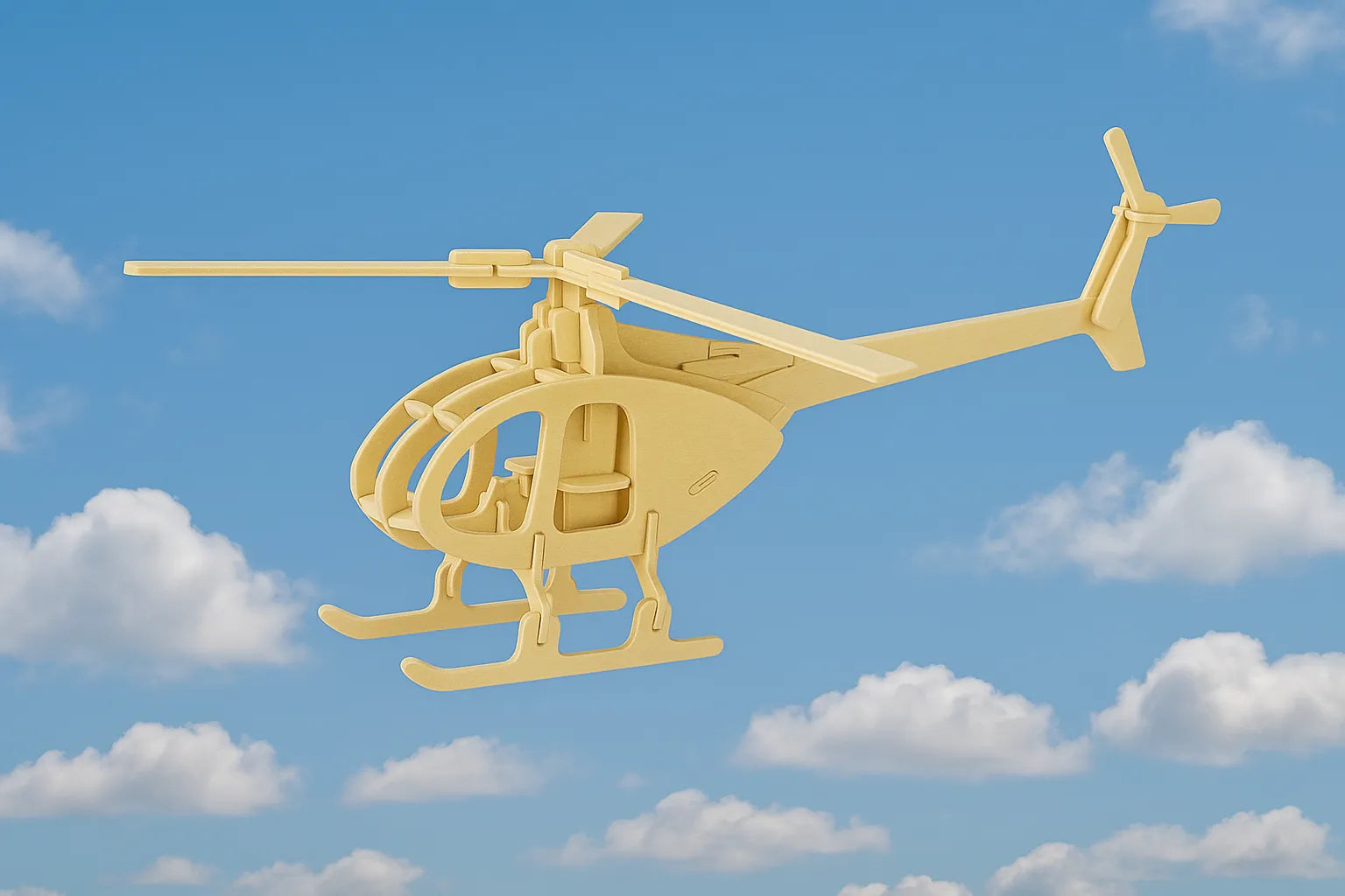 Maquette en bois d’un hélicoptère beige aux pales fines, volant dans un ciel bleu parsemé de nuages blancs.