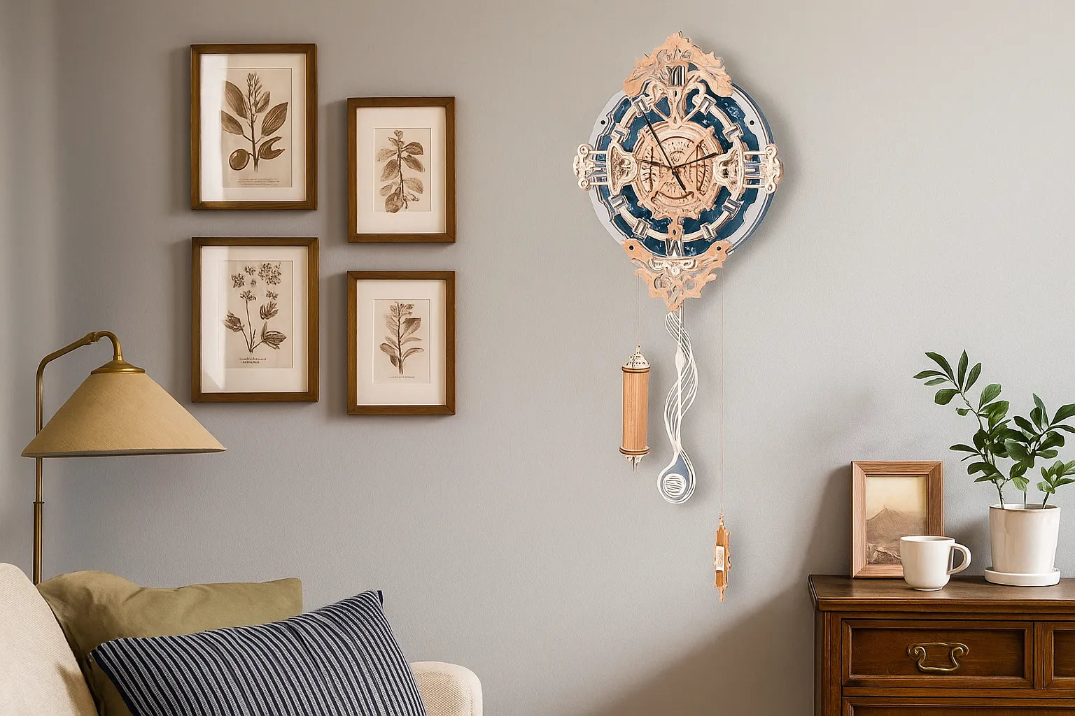Maquette en bois d’une horloge murale bleue suspendue au mur d’un salon, à côté de cadres et d’une lampe.