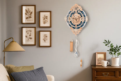 Maquette en bois d’une horloge murale bleue suspendue au mur d’un salon, à côté de cadres et d’une lampe.