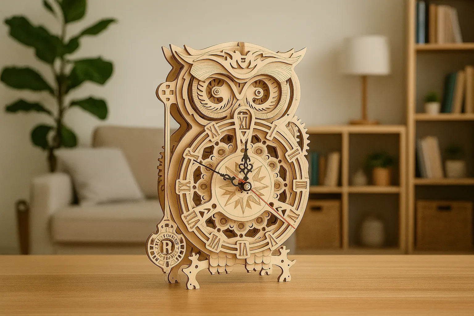 Maquette en bois d’une horloge en forme de chouette posée sur une table en bois dans un salon avec un canapé et des étagères en arrière-plan.