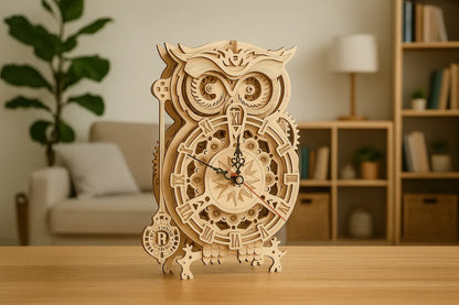 Maquette en bois d’une horloge en forme de chouette posée sur une table en bois dans un salon avec un canapé et des étagères en arrière-plan.