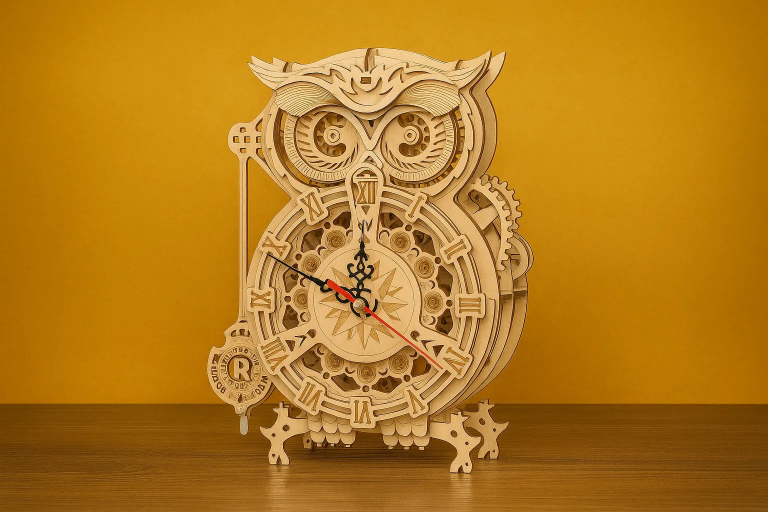 Maquette en bois d’une horloge en forme de chouette posée sur une table en bois avec un fond jaune.
